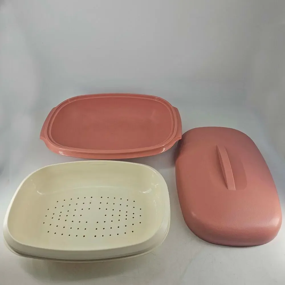 Vintage TUPPERWARE Microwave Food Steamer 6 Cup Dusty Rose Pink 3 Piece